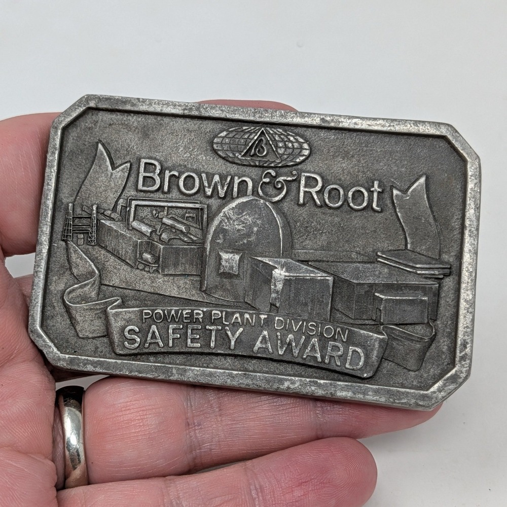 Vintage Brown & Root Power Plant Division Safety Award Belt Buckle Pewter Tone